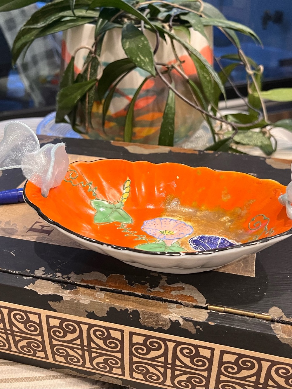 Vintage Japan Orange Floral Ceramic dish with Ribbon Accents